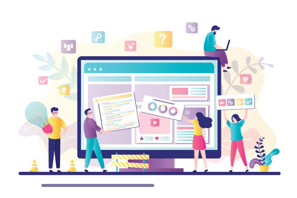 Business team working together on web page design. People building website interface on computer. Web development, teamwork, new internet project. Characters in trendy style. Flat vector illustration